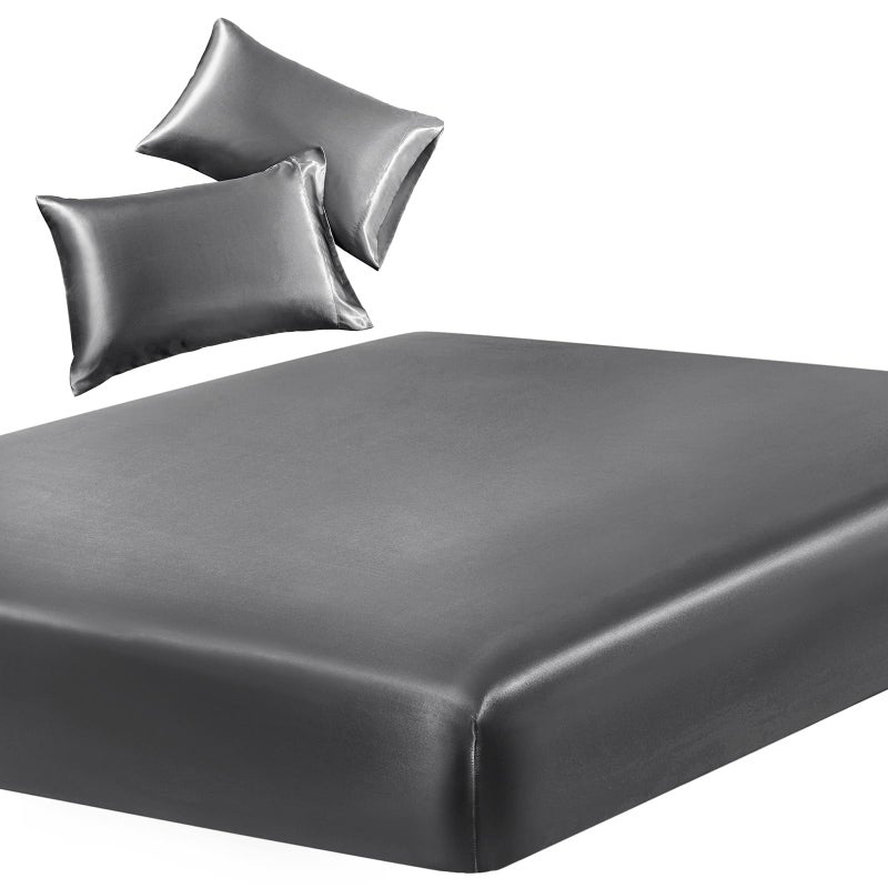 SiinvdaBZX 3-Piece Set Satin Queen Fitted Sheet & 2 Pillowcase  Grey Silky Soft Fitted Bottom Sheet  Wrinkle Free  Fade Resistant  Deep Pocket Bed Sheet (Deep Up to 15"") - Image 1